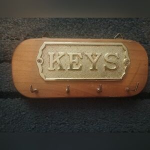 Vintage Antique Wooden Key Holder with Gold Metal "Keys" Plate 6 1/4"x3"